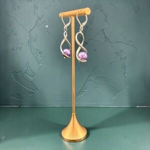 Vintage Modernist Purple Faux Pearl Dangle Earrings Silver Tone Artisan Handmade